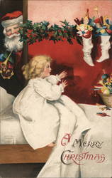A Merry Christmas - Child Finding Stocking Full of Toys Postcard