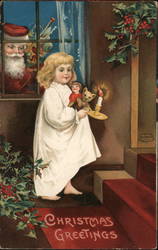 Christmas Greetings Santa Peering at Girl through Window Postcard