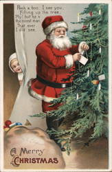 Santa Claus Decorating Tree as Child Peeks Around Corner Postcard