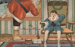 Santa Exiting Window as Sleepy Boy Awakes Postcard
