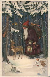 Santa Walking A Deer in a Snowy Forest at Night Postcard