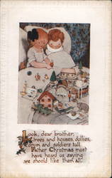 Two Children Laying in Bed Playing with a Christmas Village Postcard