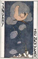 Cherub Falling From Sky Over Town Postcard