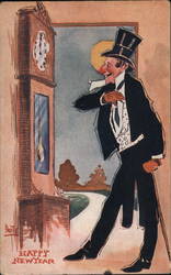Old Man in suit and tie looking at clock Postcard