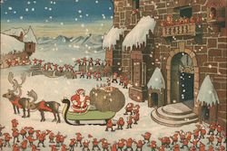 Rare 1935 Disney Santa & sleigh surrounded by elves Santa Claus Postcard Postcard Postcard