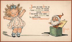 Girl in Polka Dot Outfit with Curly Hair and A Bow Mimicking A Santa Jack-in-the-Box Postcard