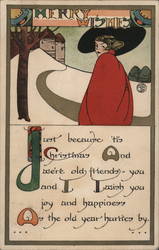 A Merry Christmas to an old friend from a pretty young lady in red Postcard