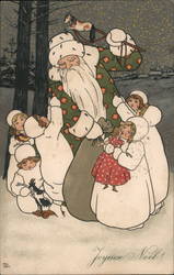Santa Handing Out Gifts to Children Under a Starry Sky Postcard