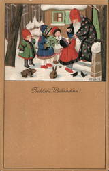 Santa Claus Standing on Steps Giving Treats to Children Postcard