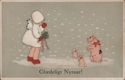 Child Standing in the Snow with Three Pigs Postcard