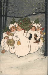 The Magic of Christmas: Girls Bringing Gifts and Trees Children Pauli Ebner Postcard Postcard Postcard