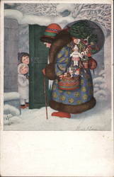 Two Children opening Gate to Let Santa Claus In Postcard