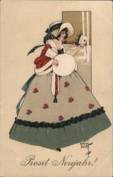 Young Woman Reading a Romantic Letter Postcard