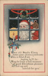 Santa Peering Through a Window with a Sack of Presents Postcard