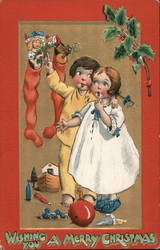 Children Looking at Toys in Stockings Postcard