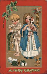 Children Pulling Gifts Out of Stocking Santa Claus Postcard Postcard Postcard