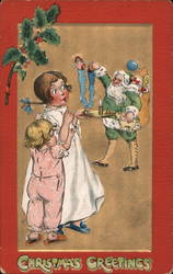 Children watching Santa in Green Robes filling up their stockings Postcard