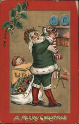 Santa Claus Filling Stocking With Toys as Child Looks On Postcard