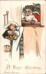 Santa in Window with Sack of Toys Looking at Two Children Postcard