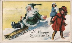 Santa Claus Riding Slide as Children Look On Postcard