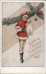 A Woman in a Short Santa Dress Holding a Mask of a Man with a Beard Postcard