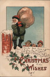 Children watching Santa in Green coat and pants about to go down a chimney Postcard