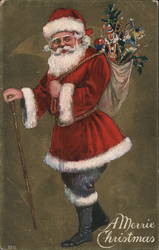 Santa in Red Robe with walking stick and sack of presents on his back Postcard