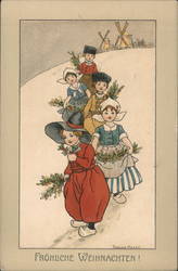 Dutch Children Holding Holly Branches Santa Claus Florence Hardy Postcard Postcard Postcard