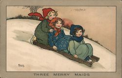 Three Merry Maids - Three girls on a sled Postcard