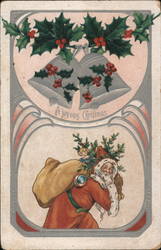 Santa Claus Carrying Sack of Toys with Bells and Holly Above Postcard