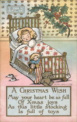 Little Girl sleeping with stocking full of toys and holly on wall Postcard