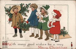 Drawing of Children Carrying Holly and Gifts for a Holiday Event Postcard