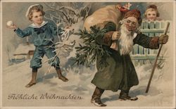 Child Throwing Snowball at Santa Claus Postcard