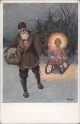 Santa Claus in brown coat pulling the sled while child angel enjoys ride Postcard