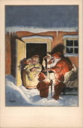 Santa Claus Delivering Gifts to with His Two Helper Elves Postcard