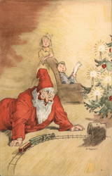Santa in Red playing with Toy Train Set while children watch Postcard