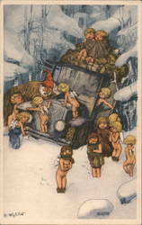Cherubs Shiver in Snow as Santa Claus Fixes His Car Postcard