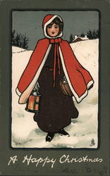 Woman in a red cape and black dress carrying lantern in the snow Postcard