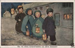 Children walking through town at night Postcard