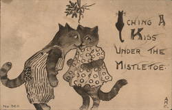 Two cats in human clothes kissing under misteltoe Postcard