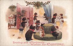 Cats and Dogs celebrating Christmas at a party Postcard
