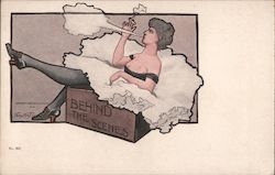 Behind the Scenes - Woman in Box, Smoking Artist Signed Postcard Postcard Postcard