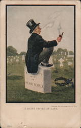 AQuiet Smoke at Last - Man sitting on Wife's Grave smoking a pipe Postcard