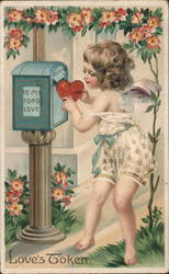 Love's Token - Cupid Putting a Heart Valentine in a Mailbox Postcard