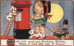 Girl Mailing Letter and Puppies Playing Birthday Postcard Postcard Postcard