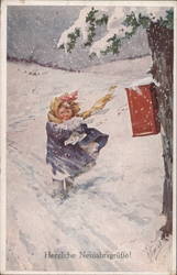 Little Girl walking through a blizzard to send letters from a red mailbox Postcard
