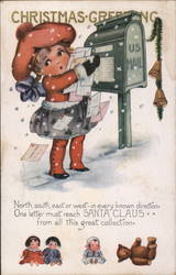 A little girl is sending Christmas letters into a green mail box Postcard