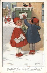 Two little girls, one in a red coat, one in blue mailing latters on a snowy day. Postcard