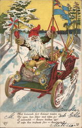 God Jul!  Santa in Auto w/Swedish Flag Postcard