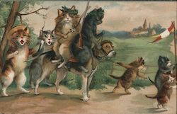 A Cat Parade with a Cat queen riding on the back of a hound dog. Postcard